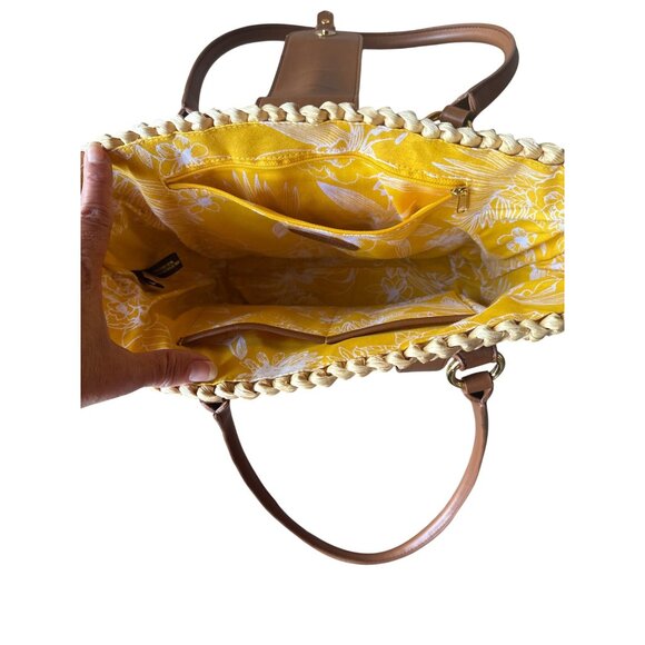 Etienne Aigner Corn Husk Woven Tote Bag Brown Leather Trim Retro Summer Chic - Picture 13 of 13